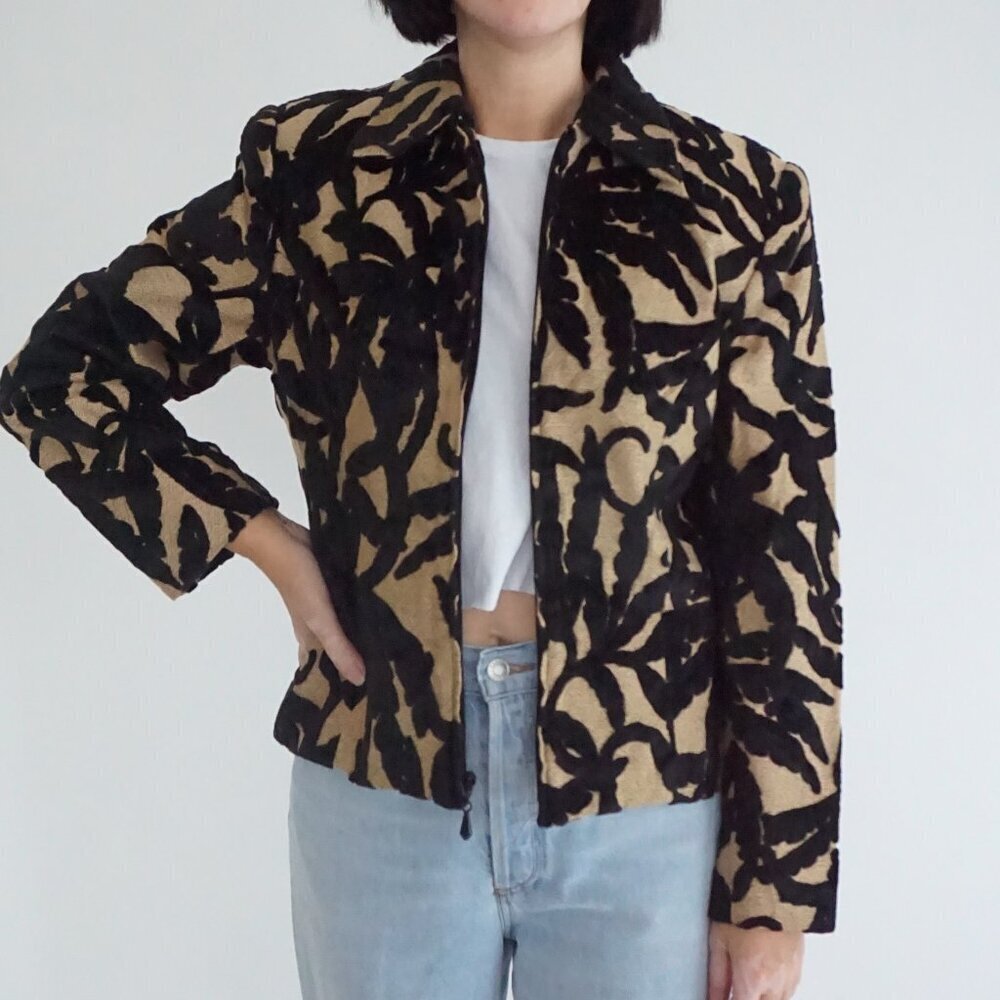 Vintage Giancarlo Ferrari Tan Black Velvet Leaf Burnout Zip Jacket Boho M